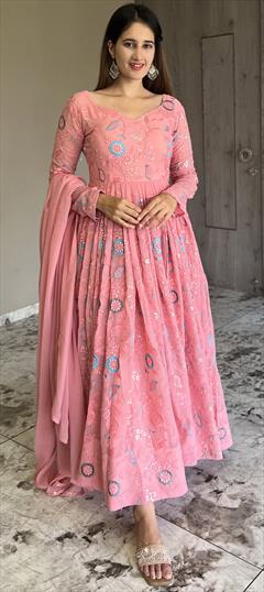 Festive, Party Wear, Reception Pink and Majenta color Salwar Kameez in Faux Georgette fabric with Anarkali Embroidered, Thread work : 1932801
