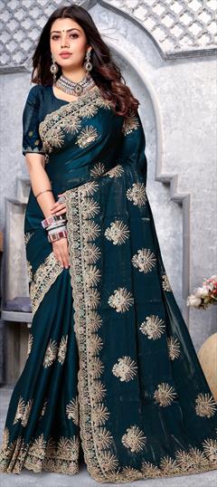 Bridal, Wedding Blue color Saree in Crepe Silk fabric with South Embroidered, Thread, Zari work : 1932858