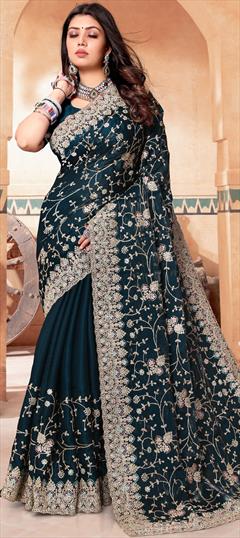 Bridal, Wedding Blue color Saree in Crepe Silk fabric with South Embroidered, Thread, Zari work : 1932867
