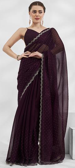 Festive, Reception Purple and Violet color Saree in Chiffon fabric with Classic Stone, Swarovski work : 1932896
