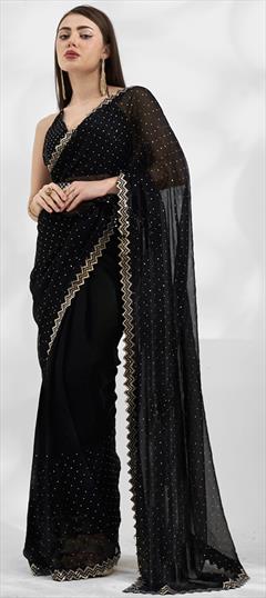Festive, Reception Black and Grey color Saree in Chiffon fabric with Classic Stone, Swarovski work : 1932905
