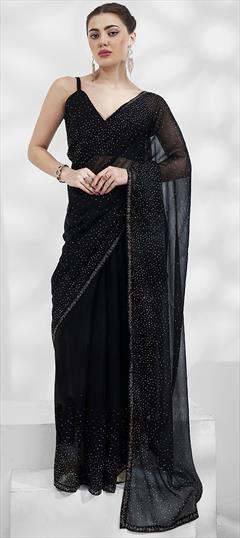 Festive, Reception Black and Grey color Saree in Shimmer fabric with Classic Stone, Swarovski work : 1932911