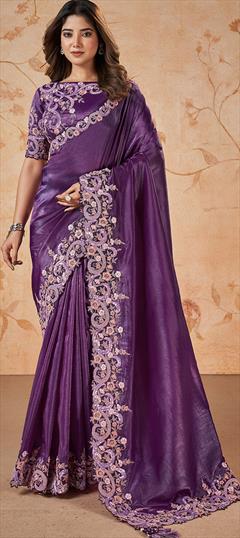 Traditional, Wedding Purple and Violet color Saree in Crushed Silk fabric with Classic Embroidered, Sequence, Thread work : 1932920