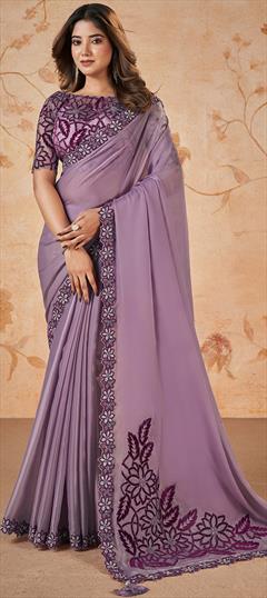 Traditional, Wedding Purple and Violet color Saree in Satin Silk fabric with Classic Embroidered, Sequence, Thread work : 1932931