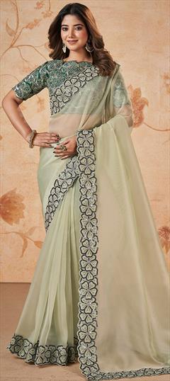 Traditional, Wedding Green color Saree in Organza Silk fabric with Classic Embroidered, Sequence, Thread work : 1932935