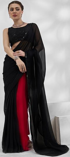 Festive, Party Wear Black and Grey, Red and Maroon color Saree in Georgette fabric with Classic Lace work : 1932936