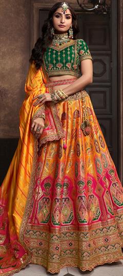 Bridal, Wedding Pink and Majenta, Yellow color Lehenga in Silk fabric with Flared Embroidered, Resham, Sequence, Thread, Zari work : 1932956