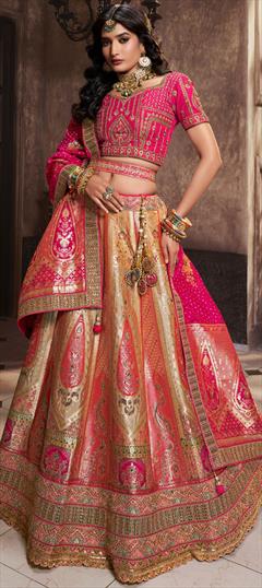Bridal, Wedding Gold, Pink and Majenta color Lehenga in Silk fabric with Flared Embroidered, Resham, Sequence, Thread, Zari work : 1932957