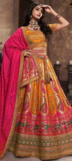 Bridal, Wedding Pink and Majenta, Yellow color Lehenga in Silk fabric with Flared Embroidered, Resham, Sequence, Thread, Zari work : 1932959