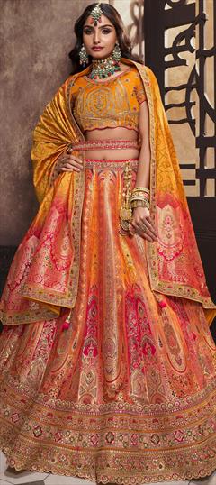 Bridal, Wedding Pink and Majenta, Yellow color Lehenga in Silk fabric with Flared Embroidered, Resham, Sequence, Thread, Zari work : 1932960
