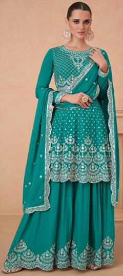 Festive, Reception, Wedding Green color Salwar Kameez in Silk fabric with Anarkali, Palazzo Foil Print work : 1932990