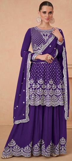 Festive, Reception, Wedding Purple and Violet color Salwar Kameez in Silk fabric with Anarkali, Palazzo Foil Print work : 1932991