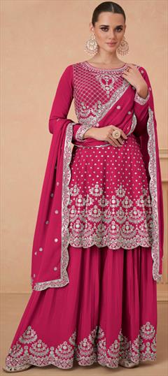 Festive, Reception, Wedding Pink and Majenta color Salwar Kameez in Silk fabric with Anarkali, Palazzo Foil Print work : 1932993