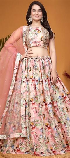 Festive, Reception, Wedding Pink and Majenta color Lehenga in Crepe Silk, Silk fabric with Flared Floral, Resham work : 1933045