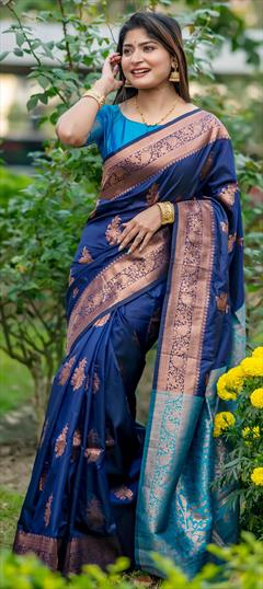 Festive, Reception, Traditional Blue color Saree in Banarasi Silk fabric with South Weaving, Zari work : 1933069