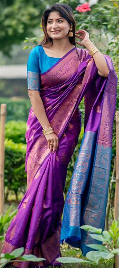 Festive, Reception, Traditional Purple and Violet color Saree in Banarasi Silk fabric with South Weaving, Zari work : 1933070