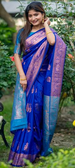 Festive, Reception, Traditional Blue color Saree in Banarasi Silk fabric with South Weaving, Zari work : 1933071