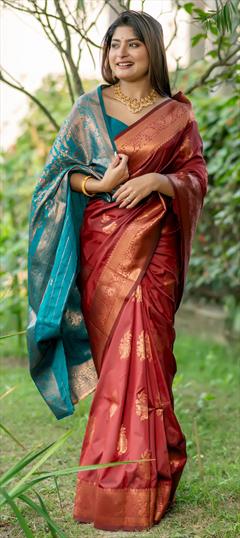 Festive, Reception, Traditional Orange color Saree in Banarasi Silk fabric with South Weaving, Zari work : 1933072