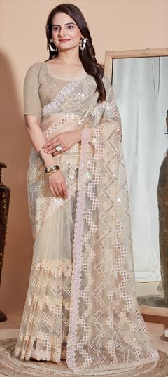 Festive, Party Wear, Reception Beige and Brown color Saree in Net fabric with Classic Embroidered, Sequence, Thread work : 1933096