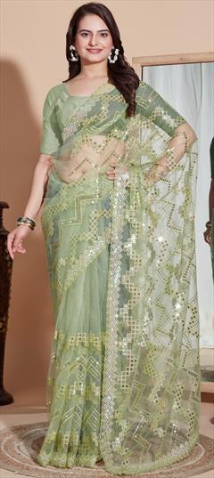 Festive, Party Wear, Reception Green color Saree in Net fabric with Classic Embroidered, Sequence, Thread work : 1933100