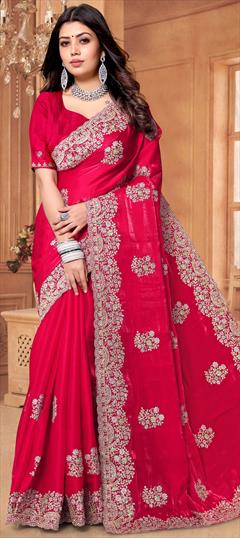 Mehendi Sangeet, Traditional, Wedding Red and Maroon color Saree in Crepe Silk fabric with South Embroidered, Stone, Thread, Zircon work : 1933110