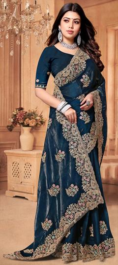 Mehendi Sangeet, Traditional, Wedding Blue color Saree in Crepe Silk fabric with South Embroidered, Stone, Thread, Zircon work : 1933111