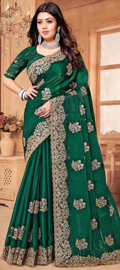 Mehendi Sangeet, Traditional, Wedding Green color Saree in Crepe Silk fabric with South Embroidered, Stone, Thread, Zircon work : 1933113