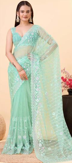 Festive, Reception Blue color Saree in Net fabric with Classic Embroidered, Sequence, Thread work : 1933176