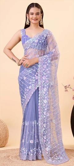 Festive, Reception Purple and Violet color Saree in Net fabric with Classic Embroidered, Sequence, Thread work : 1933181