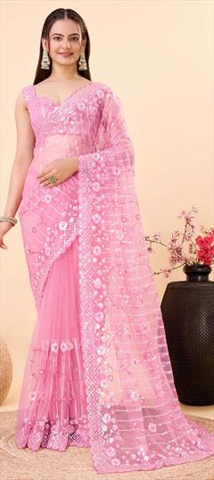 Festive, Reception Pink and Majenta color Saree in Net fabric with Classic Embroidered, Sequence, Thread work : 1933182