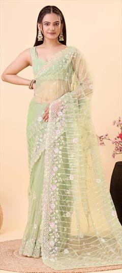 Festive, Reception Green color Saree in Net fabric with Classic Embroidered, Sequence, Thread work : 1933185