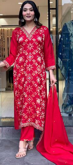 Festive, Party Wear, Reception Red and Maroon color Salwar Kameez in Viscose fabric with Pakistani, Straight Embroidered, Printed, Sequence, Thread work : 1933189