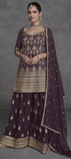 Engagement, Festive, Wedding Purple and Violet color Salwar Kameez in Georgette fabric with Palazzo, Straight Embroidered, Sequence, Stone, Thread, Zari work : 1933193