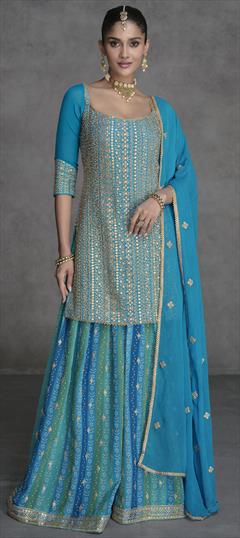 Engagement, Festive, Wedding Blue color Salwar Kameez in Georgette fabric with Palazzo, Straight Embroidered, Sequence, Stone, Thread, Zari work : 1933196