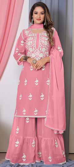 Engagement, Festive, Reception Pink and Majenta color Salwar Kameez in Georgette fabric with Palazzo, Straight Embroidered, Resham, Thread work : 1933204