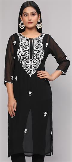 Festive, Party Wear Black and Grey color Kurti in Georgette fabric with Long Sleeve, Straight Embroidered, Resham, Thread work : 1933218