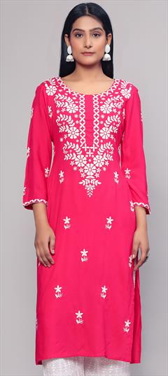 Festive, Party Wear Pink and Majenta color Kurti in Georgette fabric with Long Sleeve, Straight Embroidered, Resham, Thread work : 1933224