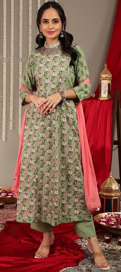 Designer, Festive, Reception Green color Salwar Kameez in Cotton fabric with Anarkali Floral, Gota Patti, Printed work : 1933225