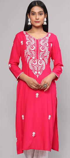 Festive, Party Wear Pink and Majenta color Kurti in Georgette fabric with Long Sleeve, Straight Embroidered, Resham, Thread work : 1933226