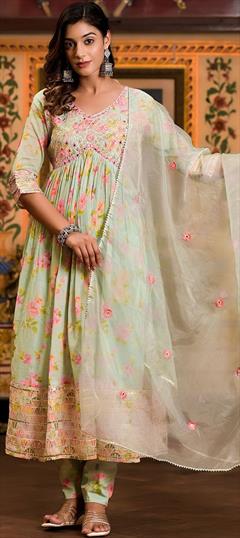 Designer, Festive, Reception Green color Salwar Kameez in Cotton fabric with Anarkali Embroidered, Floral, Gota Patti, Mirror, Printed work : 1933231