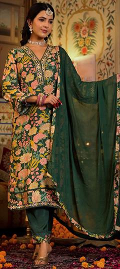 Designer, Festive, Reception Green color Salwar Kameez in Silk fabric with Straight Embroidered, Floral, Printed, Thread work : 1933232