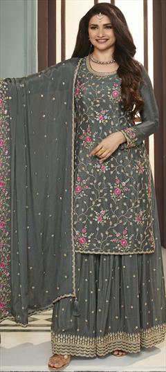 Bollywood Black and Grey color Salwar Kameez in Art Silk fabric with Palazzo, Straight Embroidered, Resham, Sequence, Thread, Zari work : 1933244