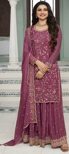 Bollywood Purple and Violet color Salwar Kameez in Art Silk fabric with Palazzo, Straight Embroidered, Resham, Sequence, Thread, Zari work : 1933250