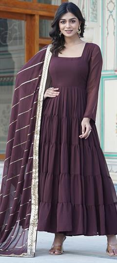 Engagement, Festive, Mehendi Sangeet Beige and Brown color Gown in Faux Georgette fabric with Embroidered, Sequence, Thread work : 1933256