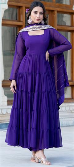 Engagement, Festive, Mehendi Sangeet Purple and Violet color Gown in Faux Georgette fabric with Embroidered, Sequence, Thread work : 1933258