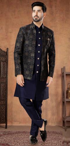 Festive, Party Wear, Wedding Blue, Gold color Kurta Pyjama with Jacket in Silk fabric with Embroidered, Sequence, Thread work : 1933339