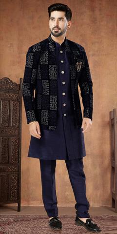 Festive, Party Wear, Wedding Blue color Kurta Pyjama with Jacket in Silk fabric with Embroidered, Sequence, Thread work : 1933340