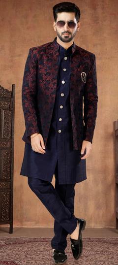 Festive, Party Wear, Wedding Blue, Red and Maroon color Kurta Pyjama with Jacket in Silk fabric with Embroidered, Sequence, Thread work : 1933341
