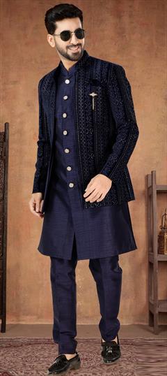 Festive, Party Wear, Wedding Blue color Kurta Pyjama with Jacket in Silk fabric with Embroidered, Sequence, Thread work : 1933354
