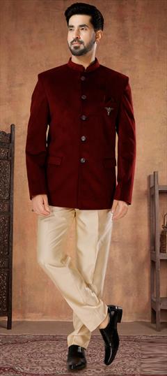 Party Wear Red and Maroon color Jodhpuri Suit in Velvet fabric with Embroidered, Sequence, Thread work : 1933395
